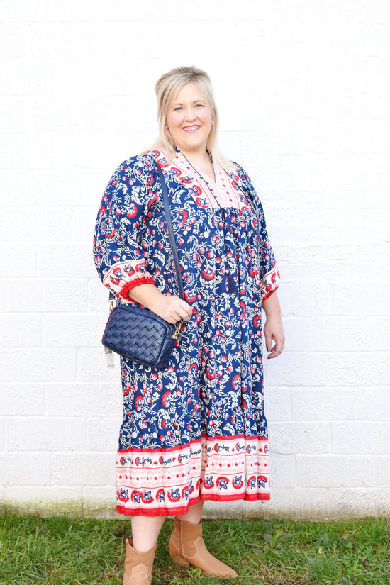Plus Navy Pink Abstract Floral Midi Dress