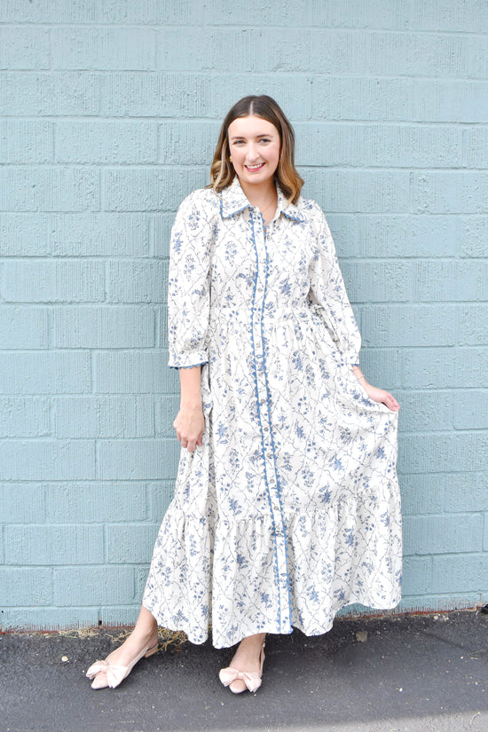 Ecru Blue Floral Button Down Midi Dress