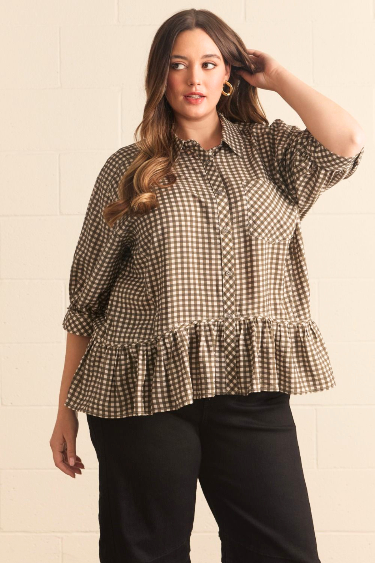Plus Olive Gingham Ruffle Hem Button Down Top