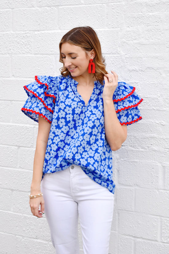Feeling Frilly Blue Floral Ric Rac Blouse