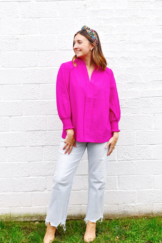 Magenta Smocked Cuff Blouse