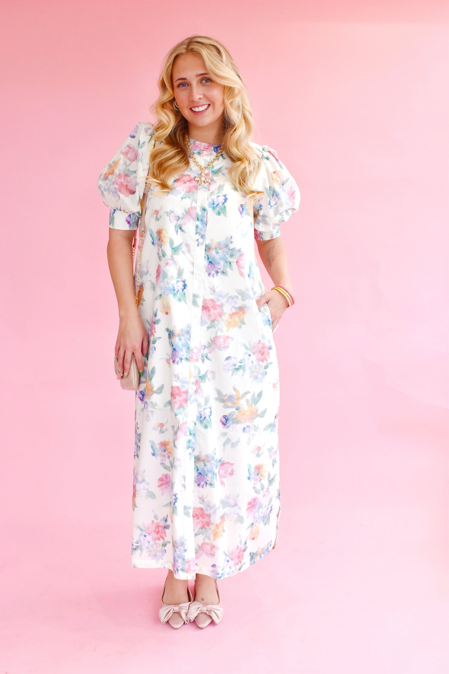 Cream Soft Watercolor Button Down Floral Midi Dress
