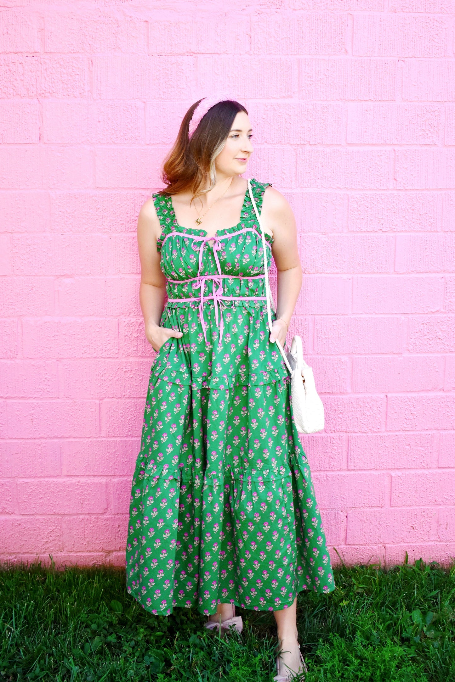 Forest Green & Pink Floral Printed Bow Detail Midi Dress