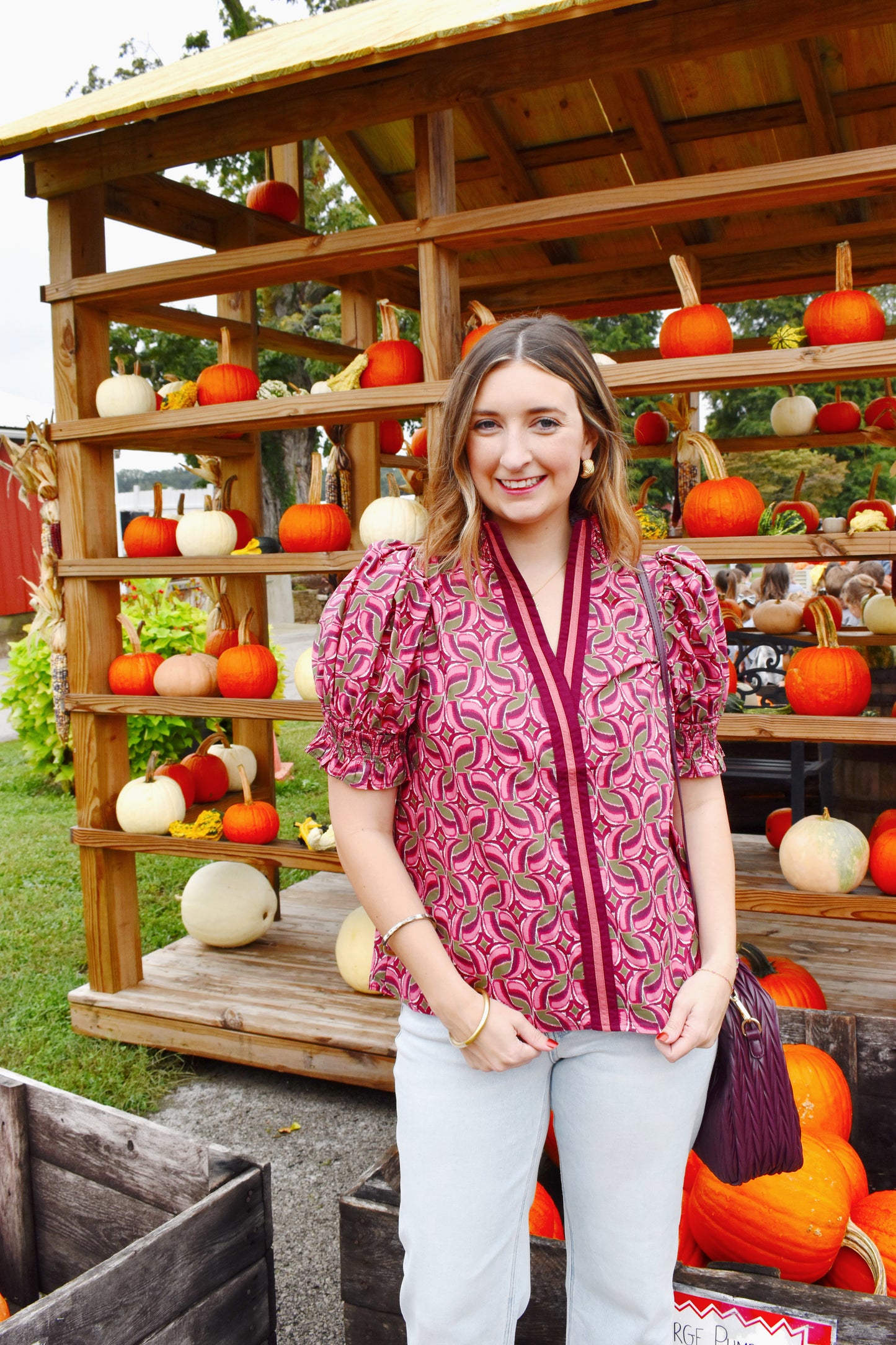 Wine Floral Contrast Trim Blouse