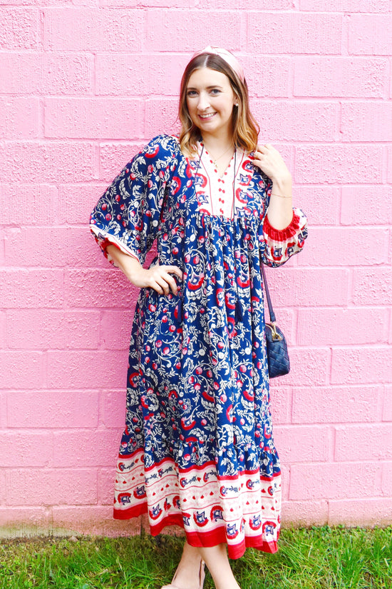 Navy Pink Abstract Floral Midi Dress
