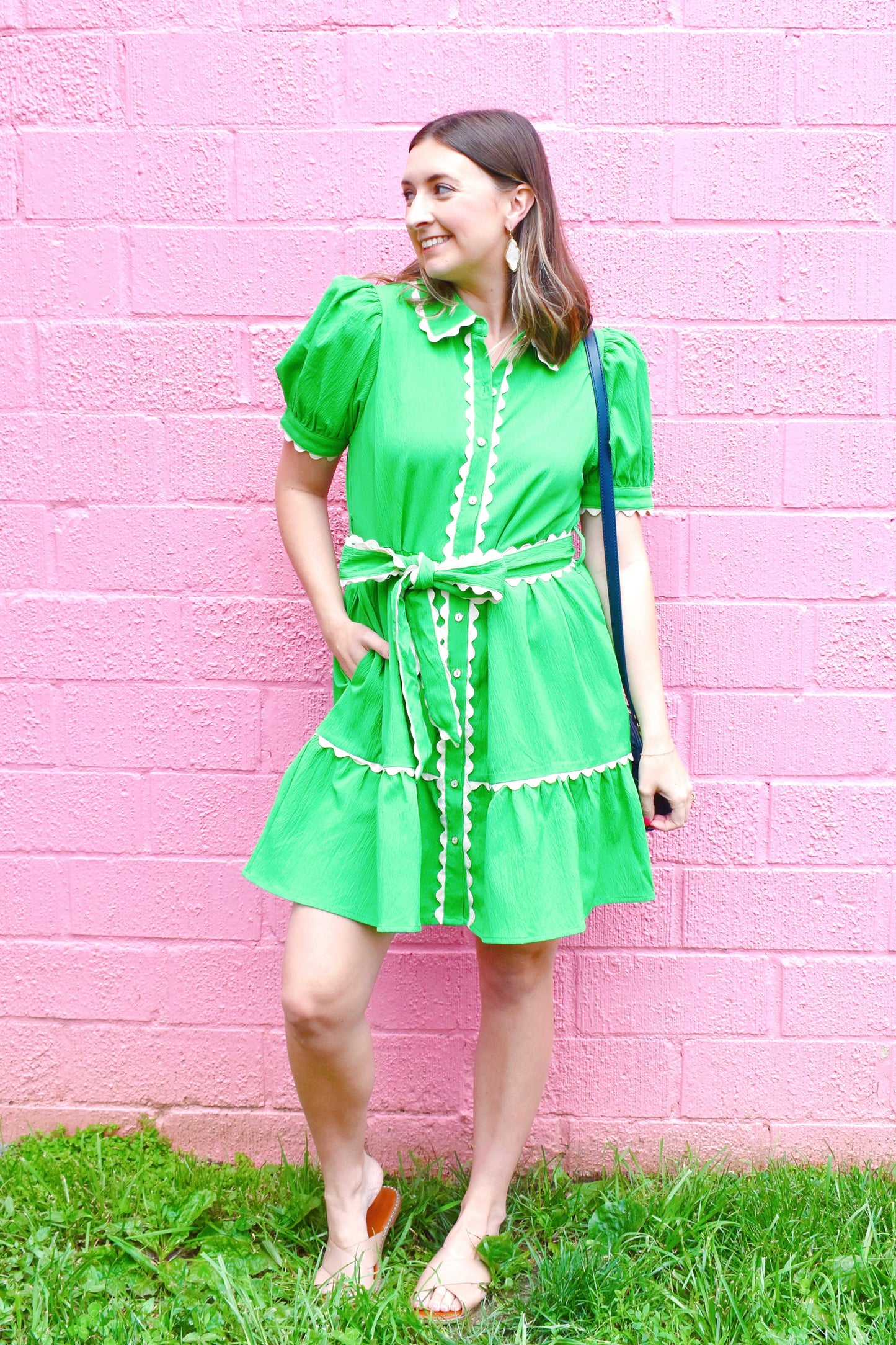 Kelly Green Ric Rac Tie Waist Dress