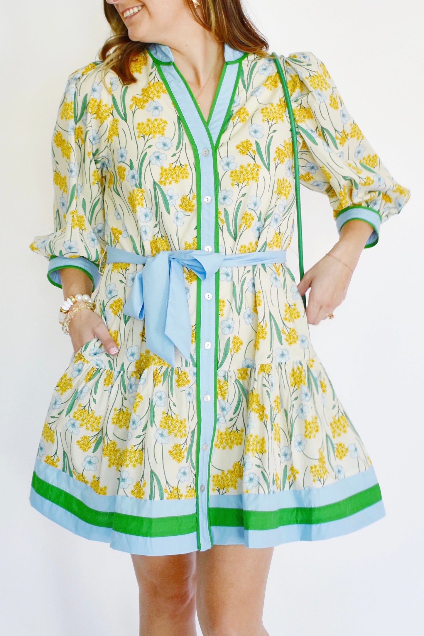 Lemon Floral Blue Green Contrast Tie Waist Dress