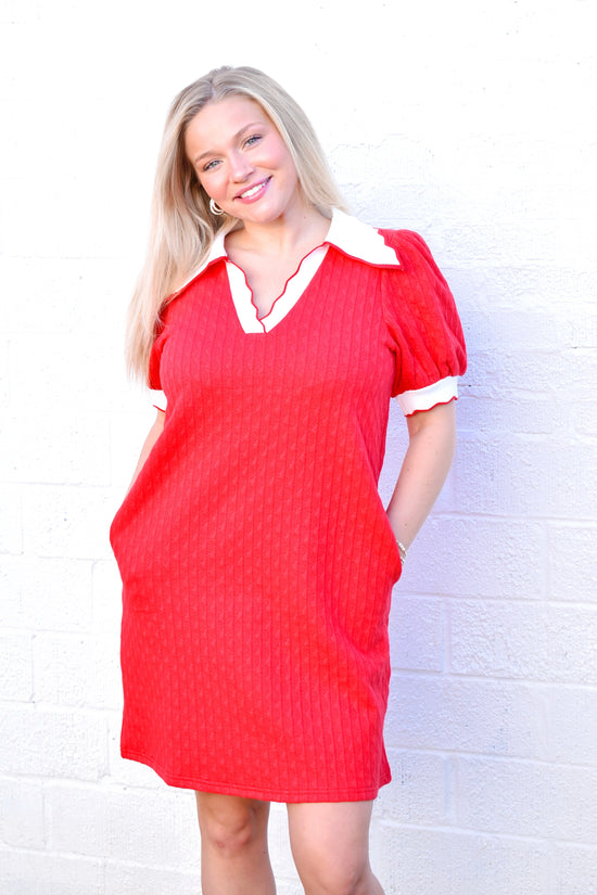 Red Textured White Contrast Collared Dress