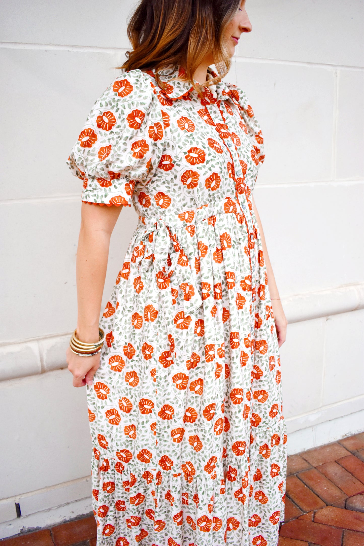 Rust Floral Button Down Midi Dress