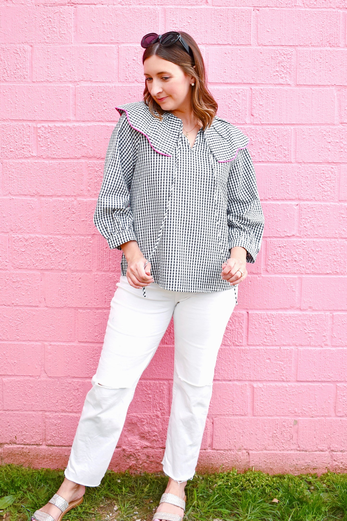 Black Gingham Pink Trim Collared Blouse