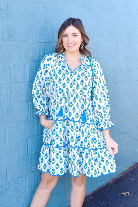 Preppy Blue Floral Dress With Tassels