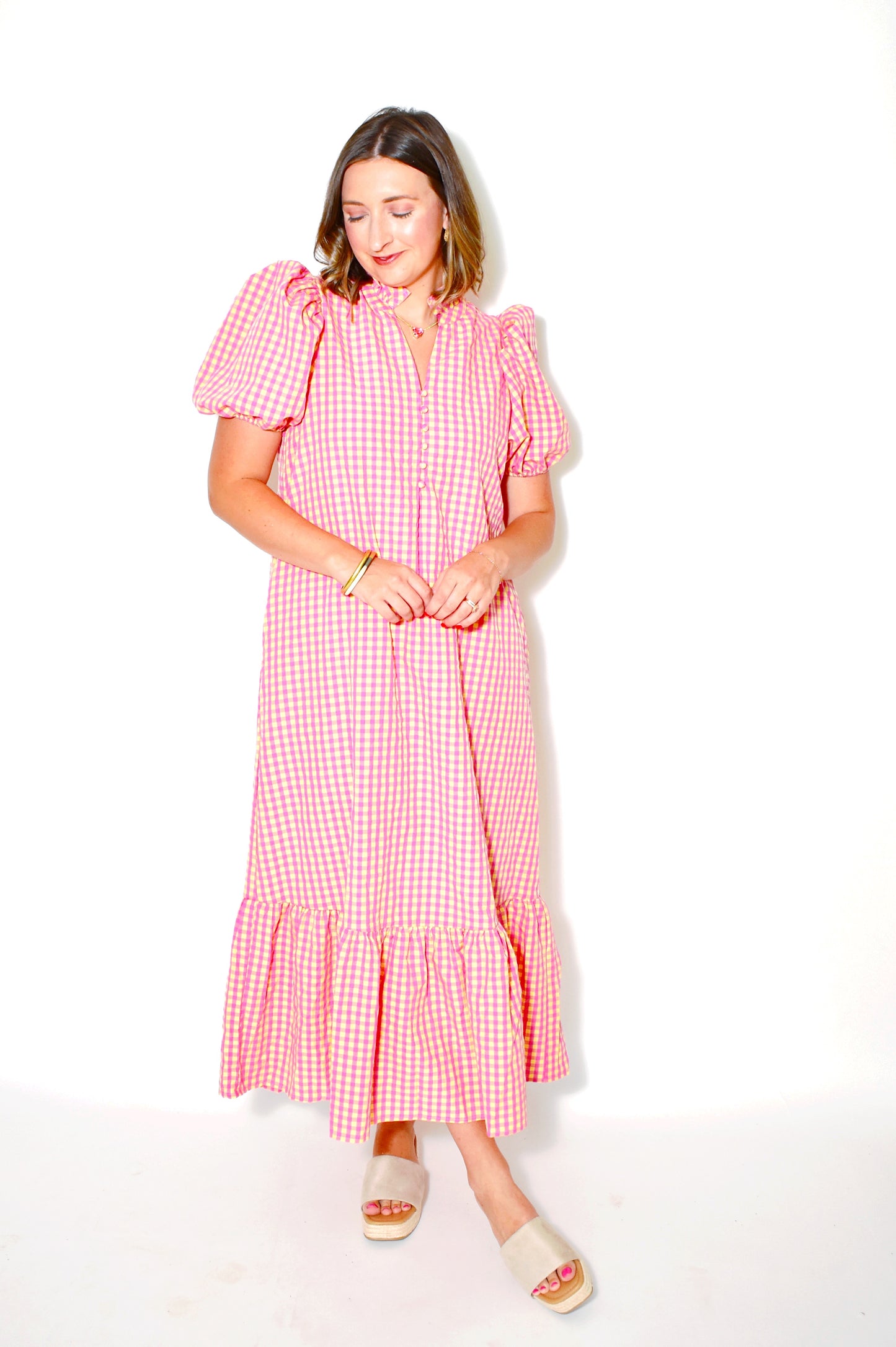 Strawberry Lemonade Gingham Midi Dress