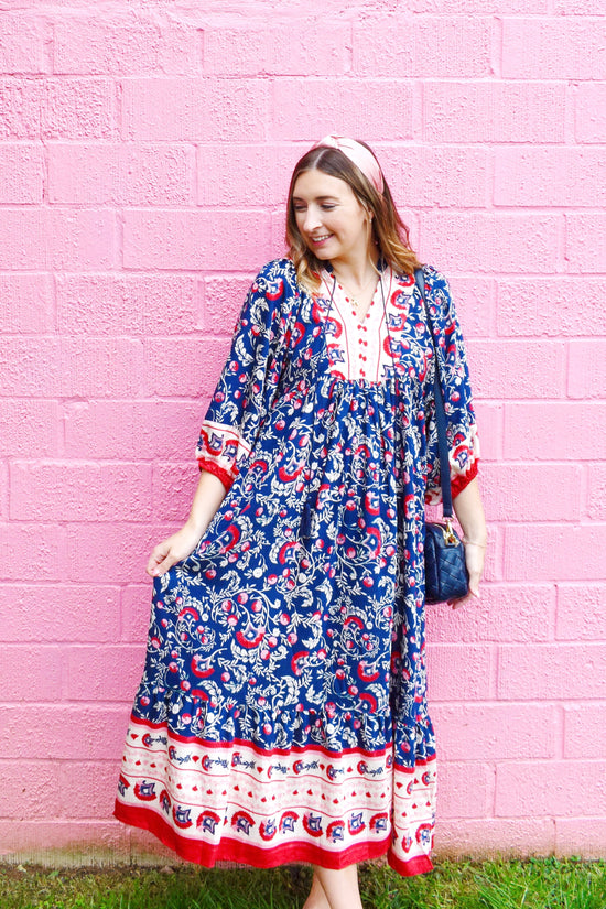 Navy Pink Abstract Floral Midi Dress