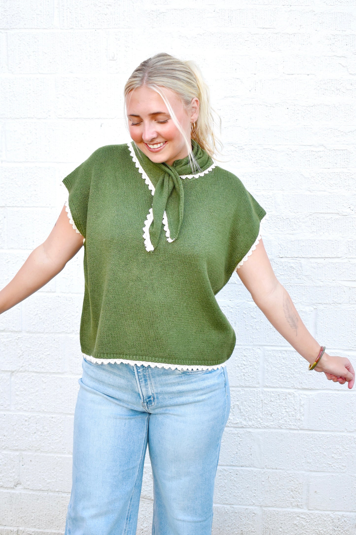 Olive Scarf Neck Short Sleeve Sweater