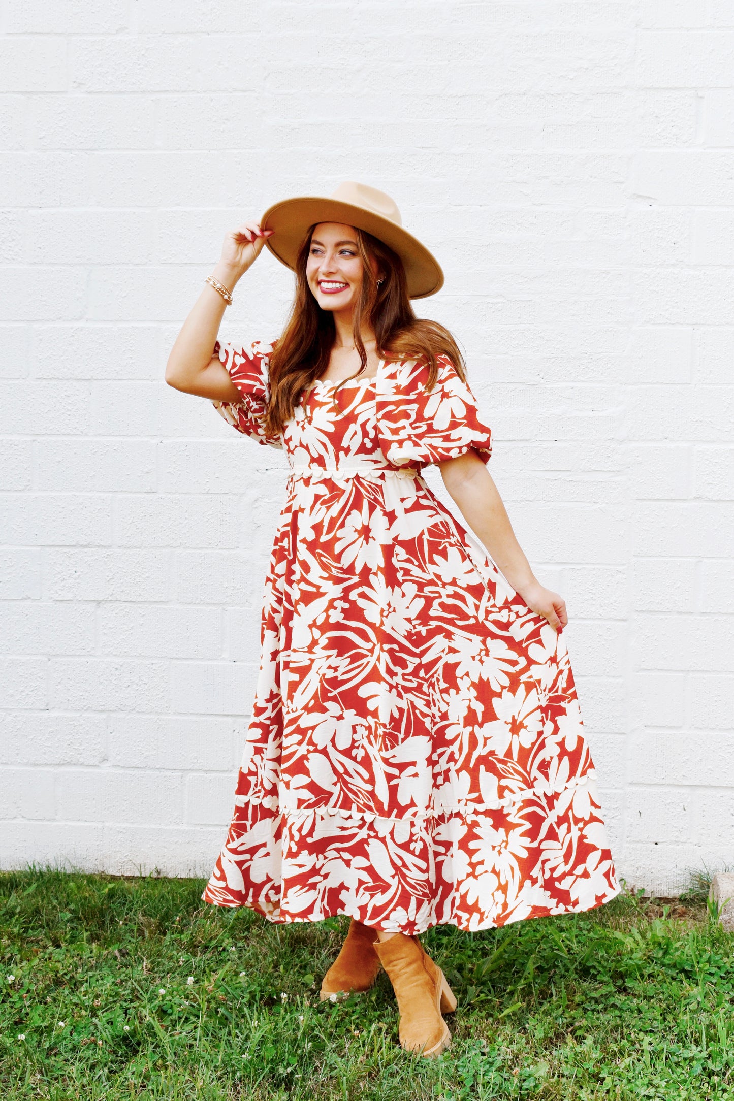 Rust Floral Print Bubble Sleeve Midi Dress Confetti Boutique Rust Floral Print Bubble Sleeve Midi Dress Confetti Boutique
