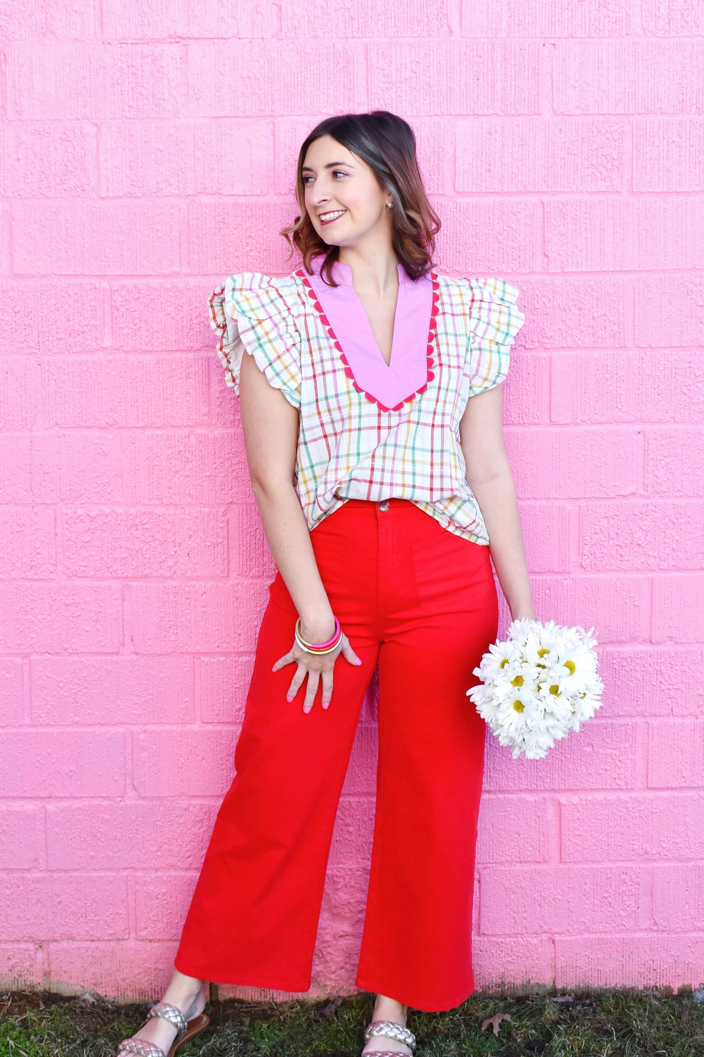 Colorful Plaid Red Scallop Trim Ruffle Blouse