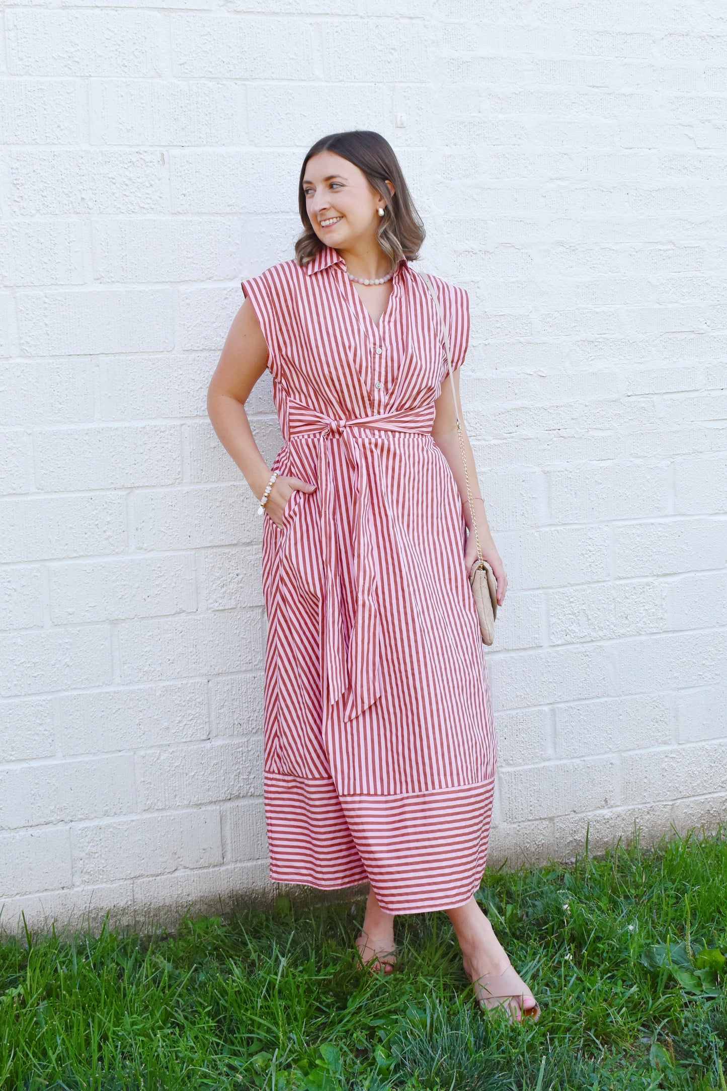 Pink & Camel Striped Collared Tie Waist Dress