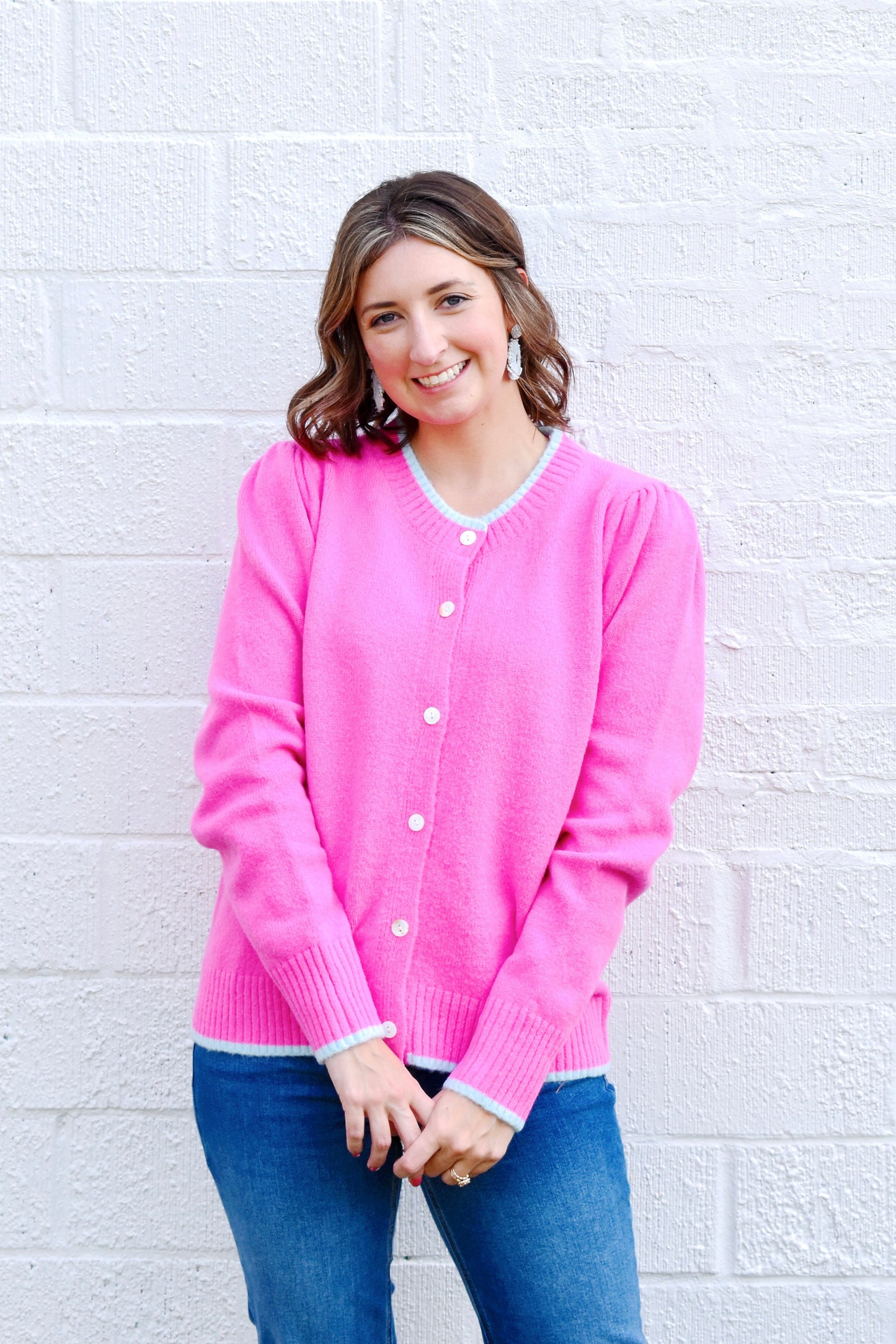 Pink Aqua Trim Button Down Sweater