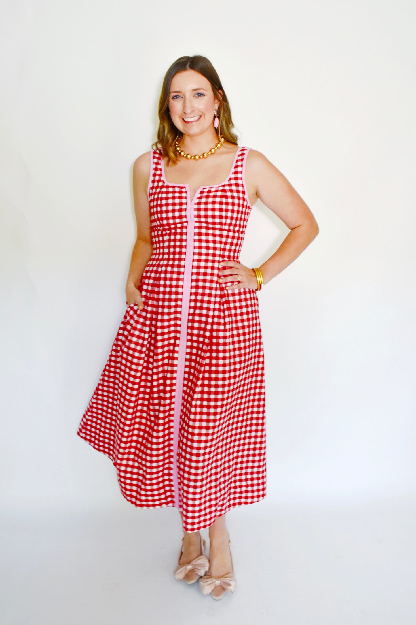 Red Gingham Pink Trim Midi Dress