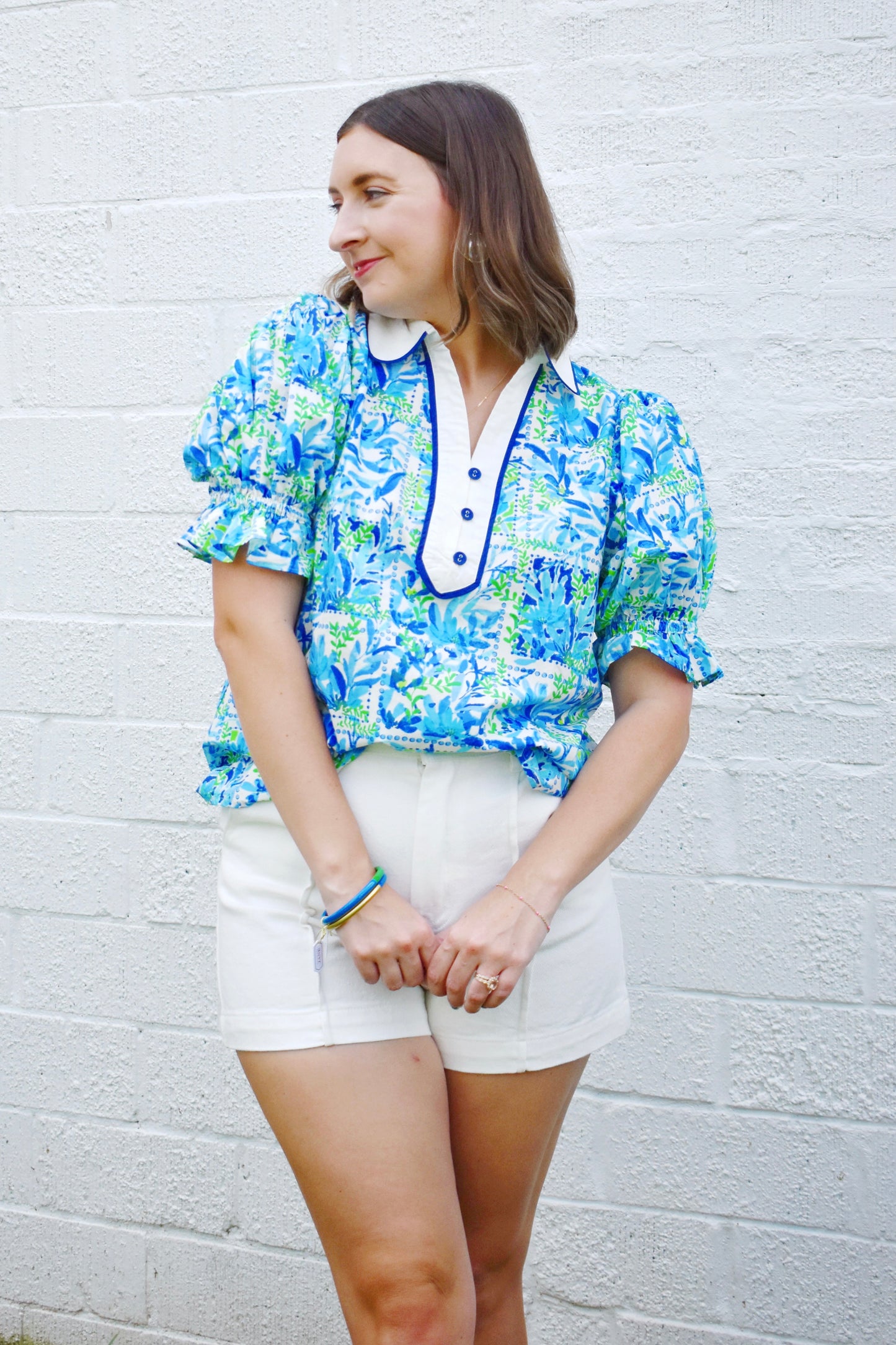 Blue & Green Watercolor Floral Collared Blouse
