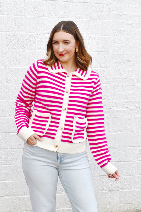 Pink Striped Collared Button Down Sweater