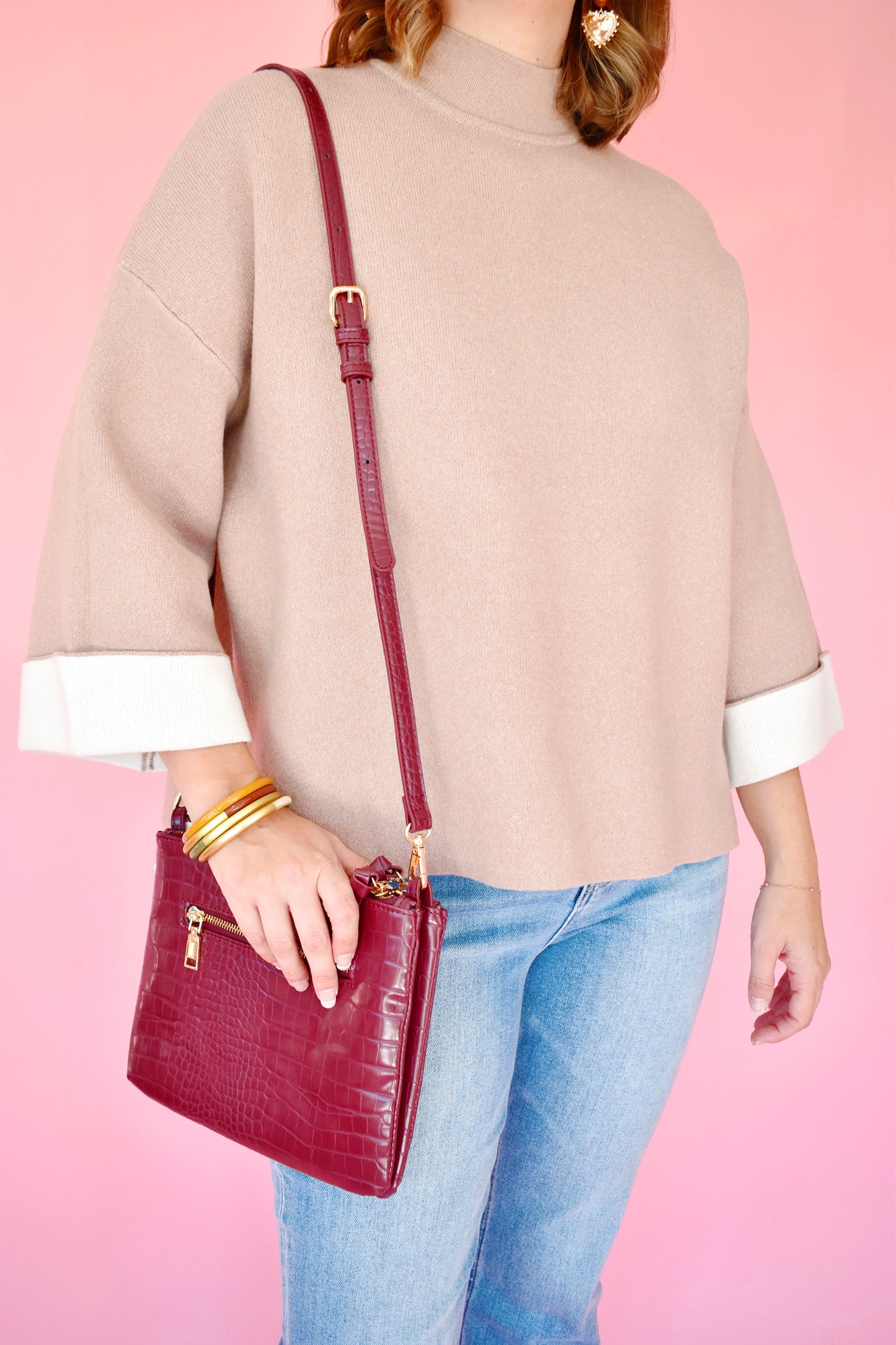 Taupe Contrast Cuff Mock Neck Sweater