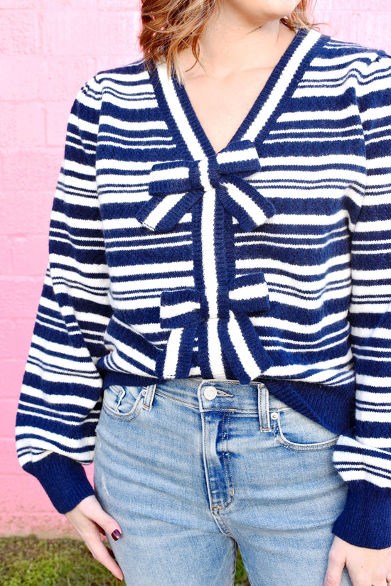 Navy Striped Bow Cardigan Sweater