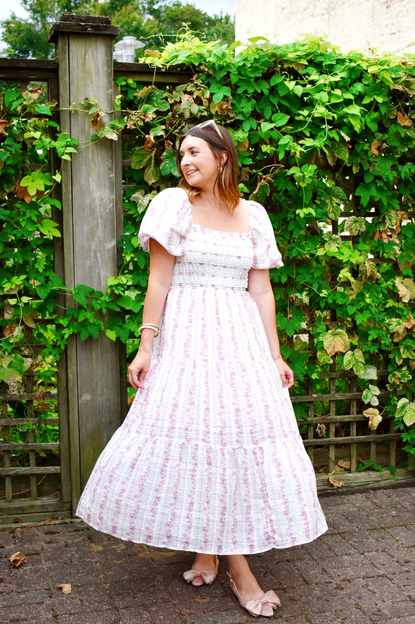 Mauve Smocked Lace Trim Puff Sleeve Maxi Dress