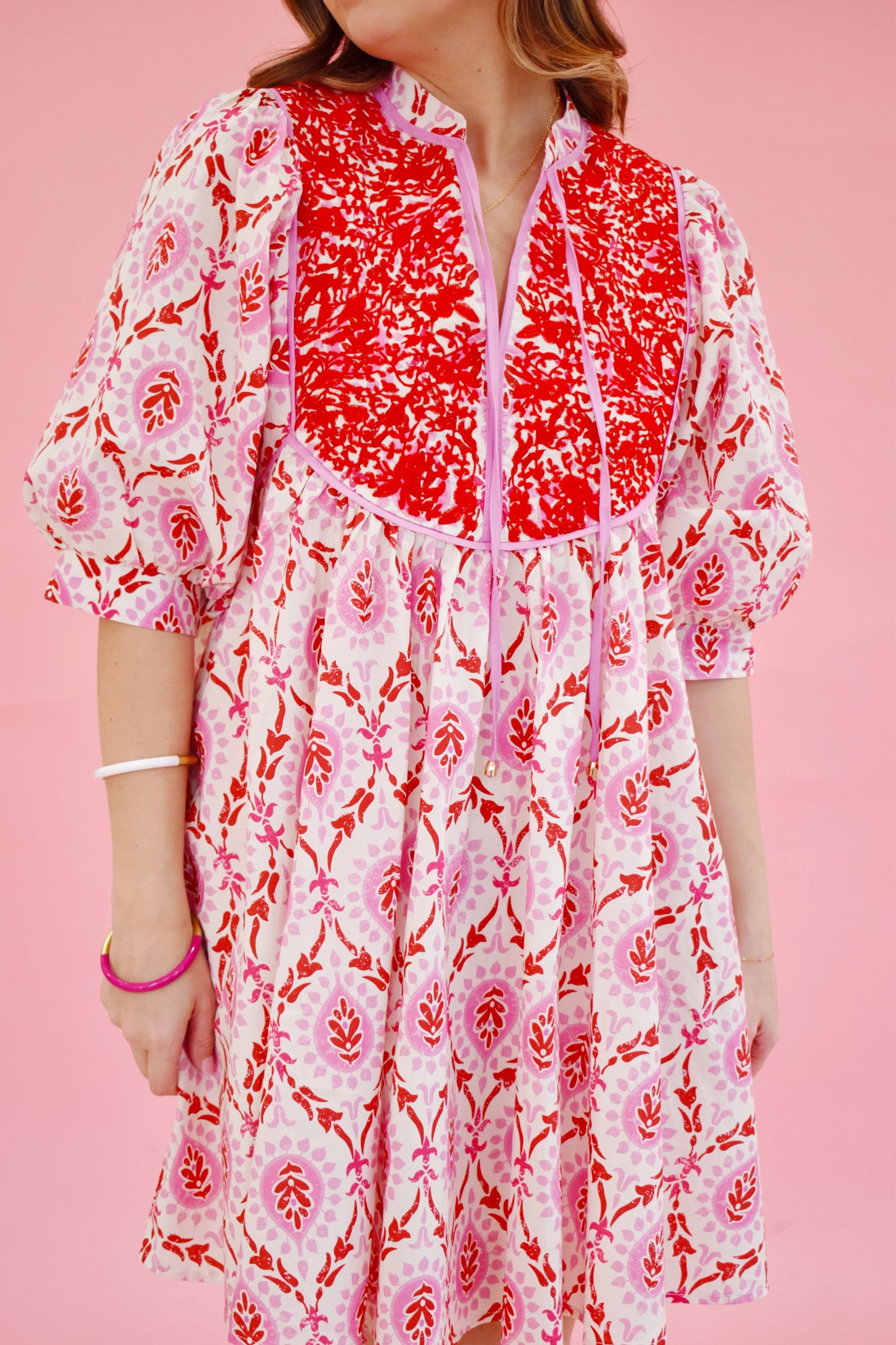 Pink Red Embroidered Floral Babydoll Dress