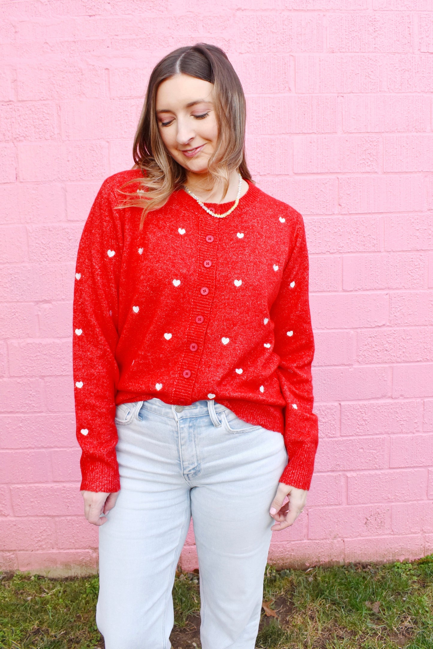 Red Heart Embroidered Cardigan Sweater