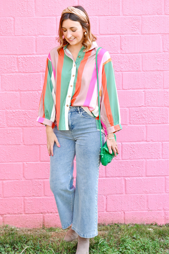 Colorful Fall Striped Button Down Blouse