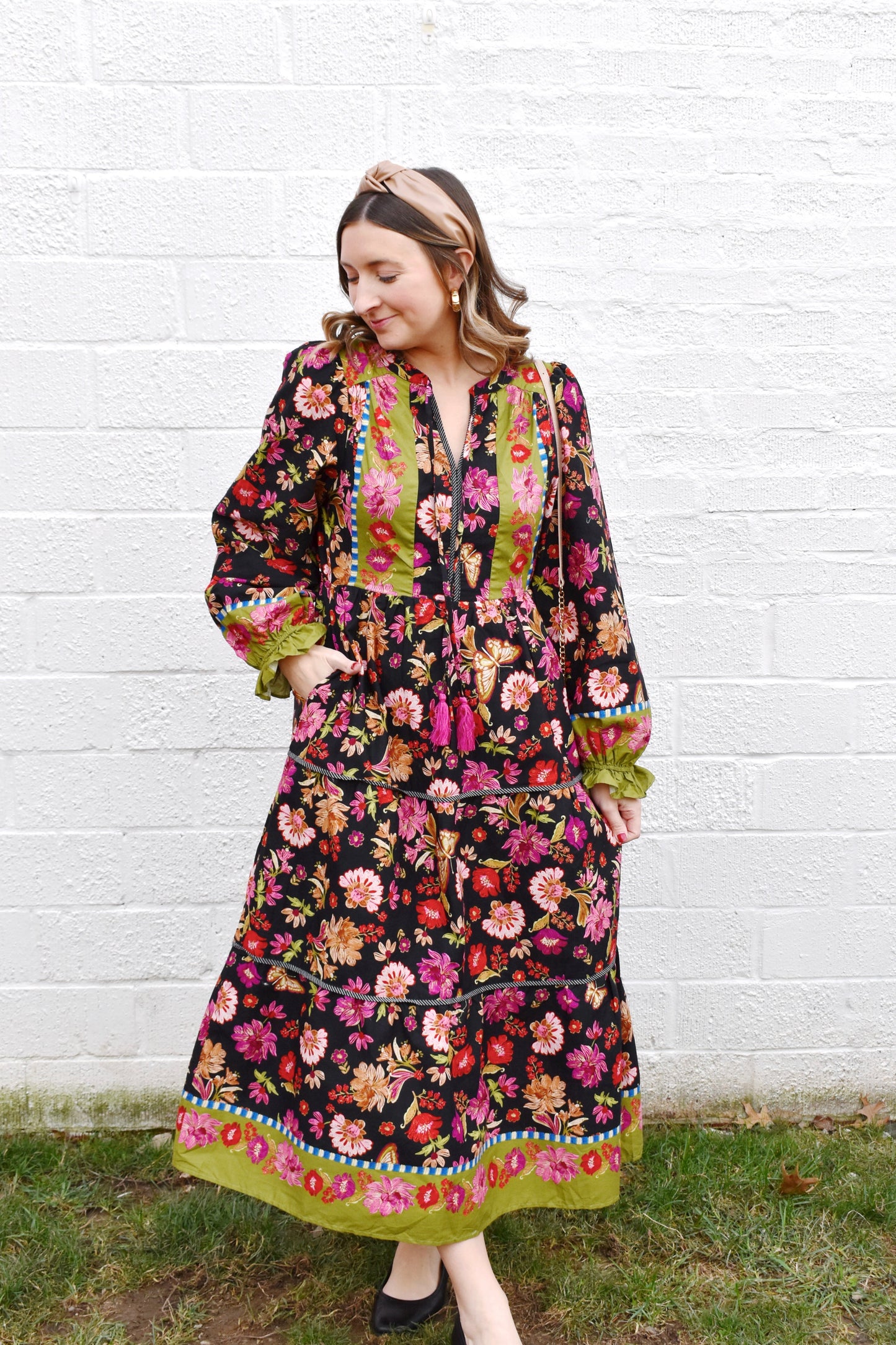 Black Floral Border Midi Dress