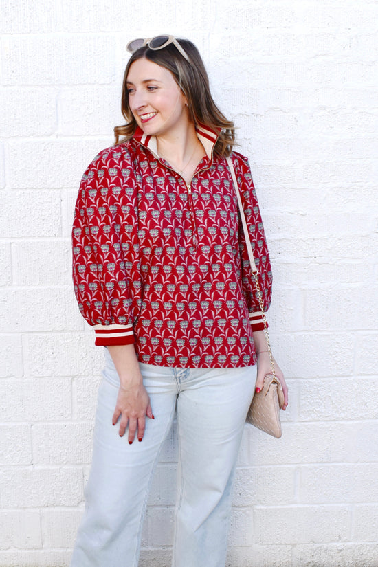 Rust Floral Zip Up Stripe Contrast Top