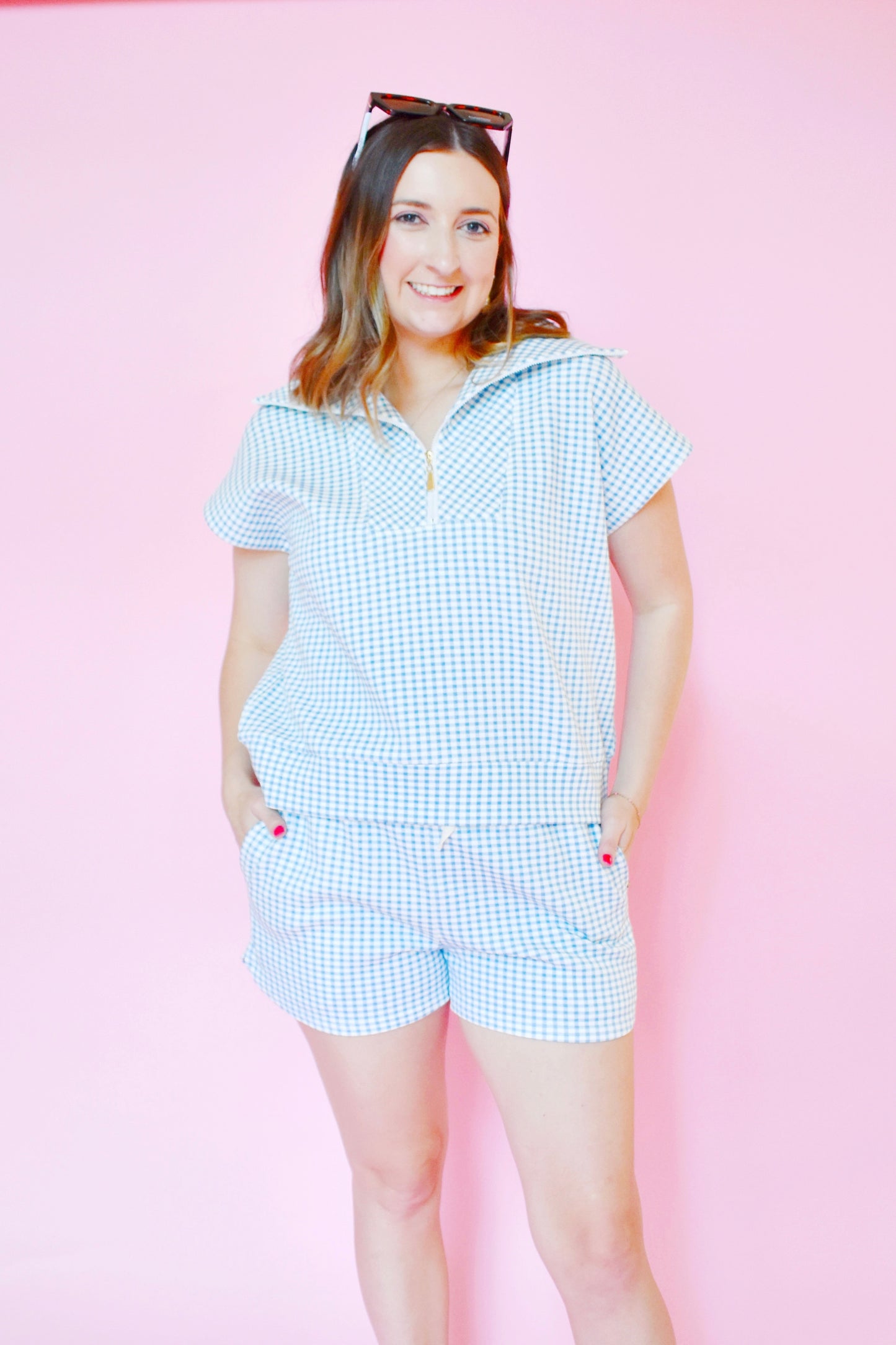 Baby Blue Gingham Zip Up Collar Top