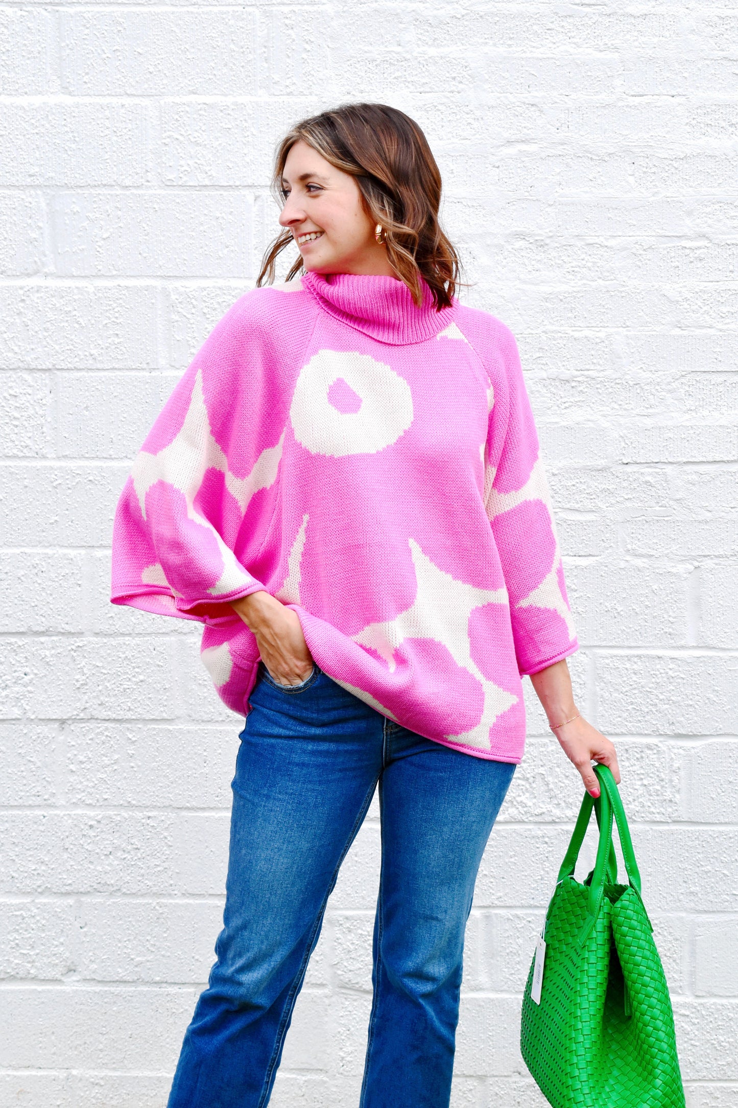 Bright Pink Floral Turtleneck Sweater