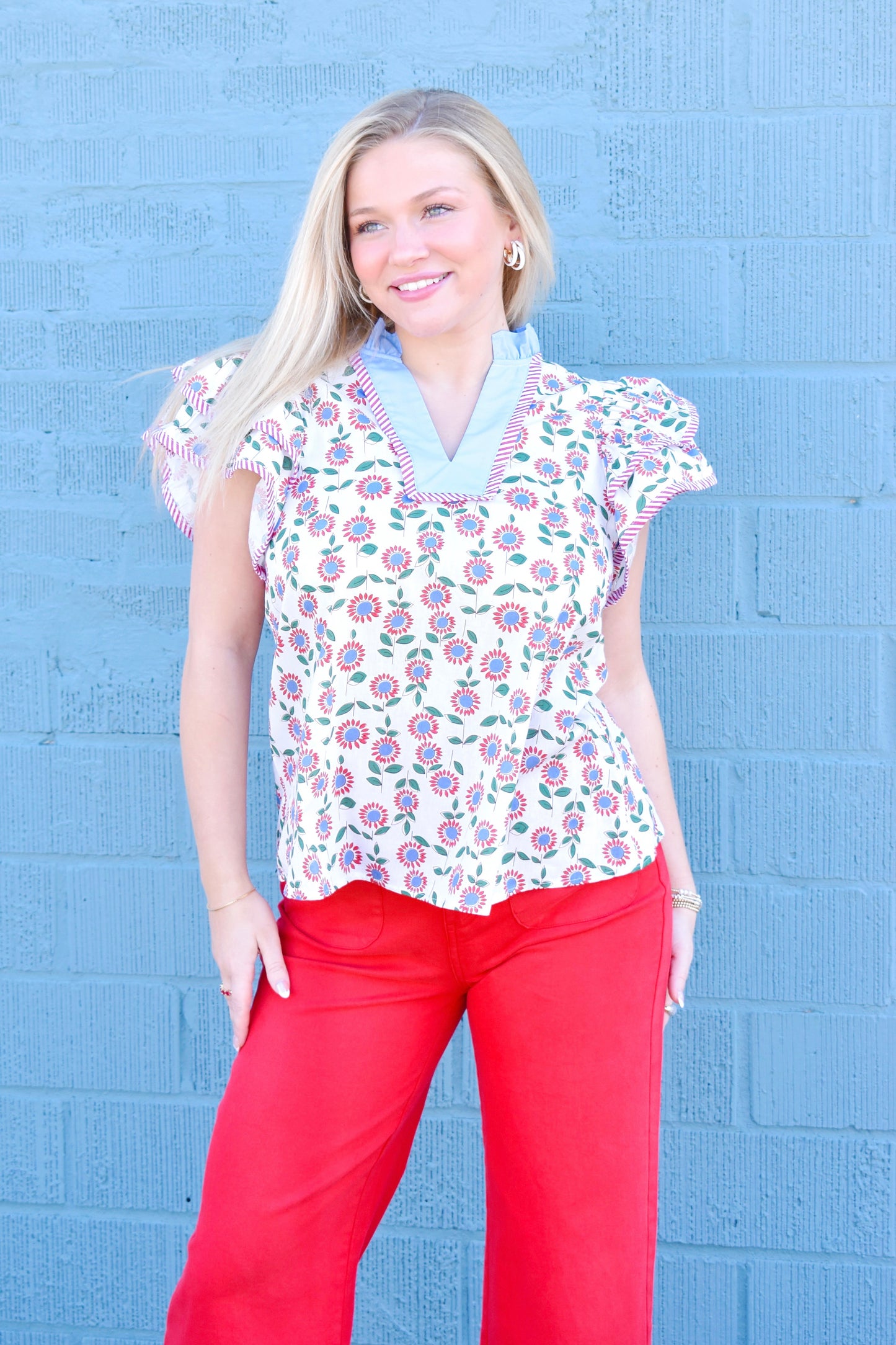 Red & Blue Floral Ruffle Blouse