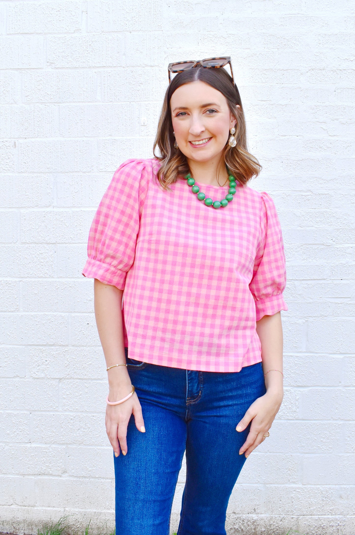 Pink Gingham Scallop Puff Sleeve Blouse