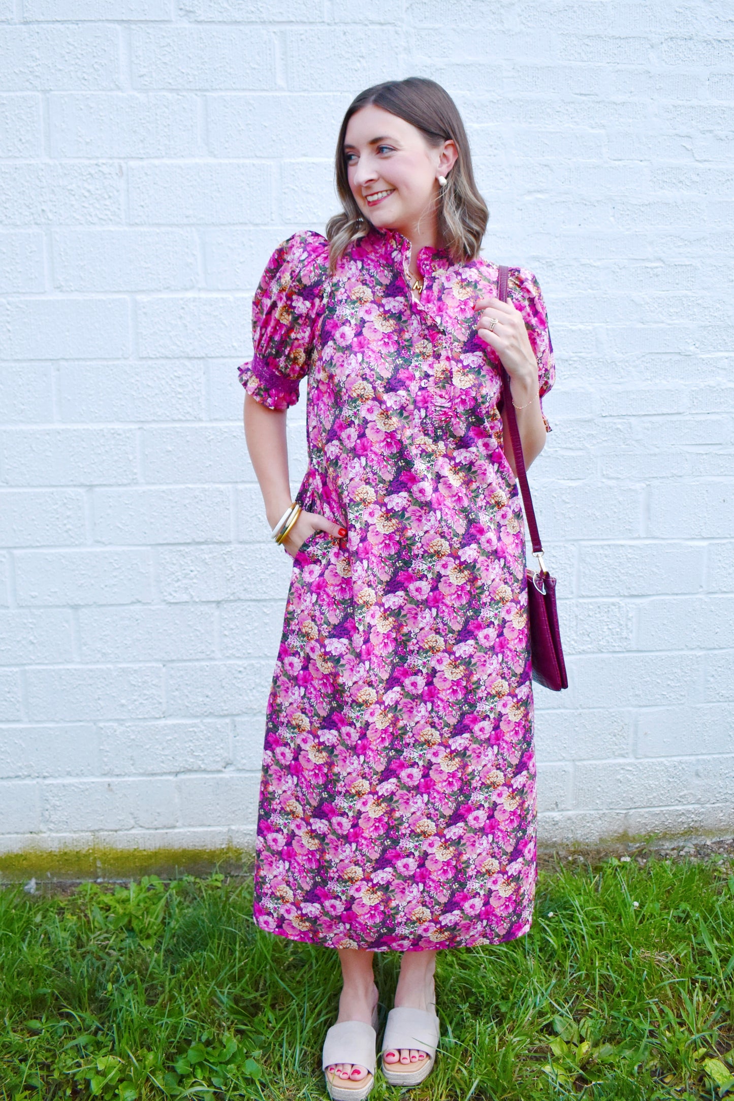 Magenta Floral Ruffle Neck Puff Sleeve Midi Dress