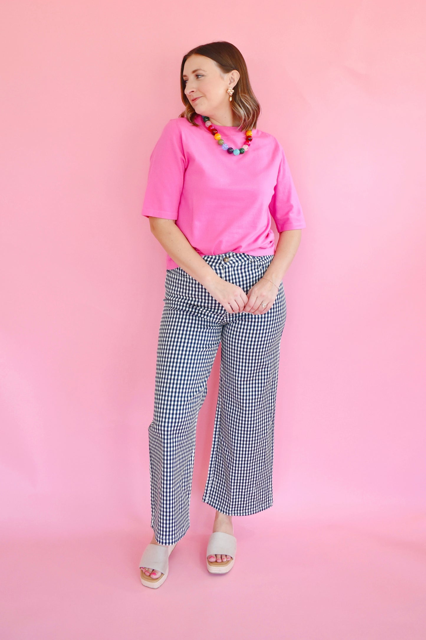 Navy Gingham Wide Leg Pants