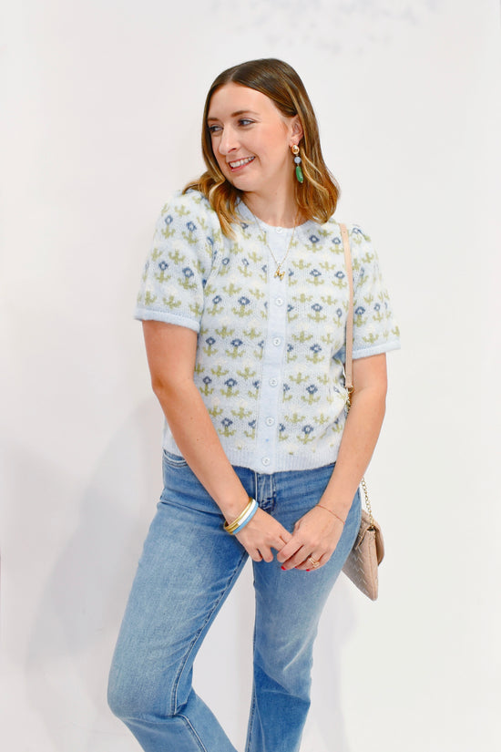 Blue Green Floral Short Sleeve Cardigan