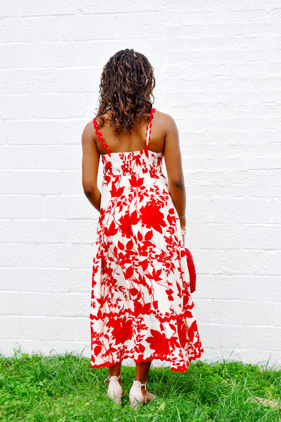 Red Floral Ric Rac Midi Dress