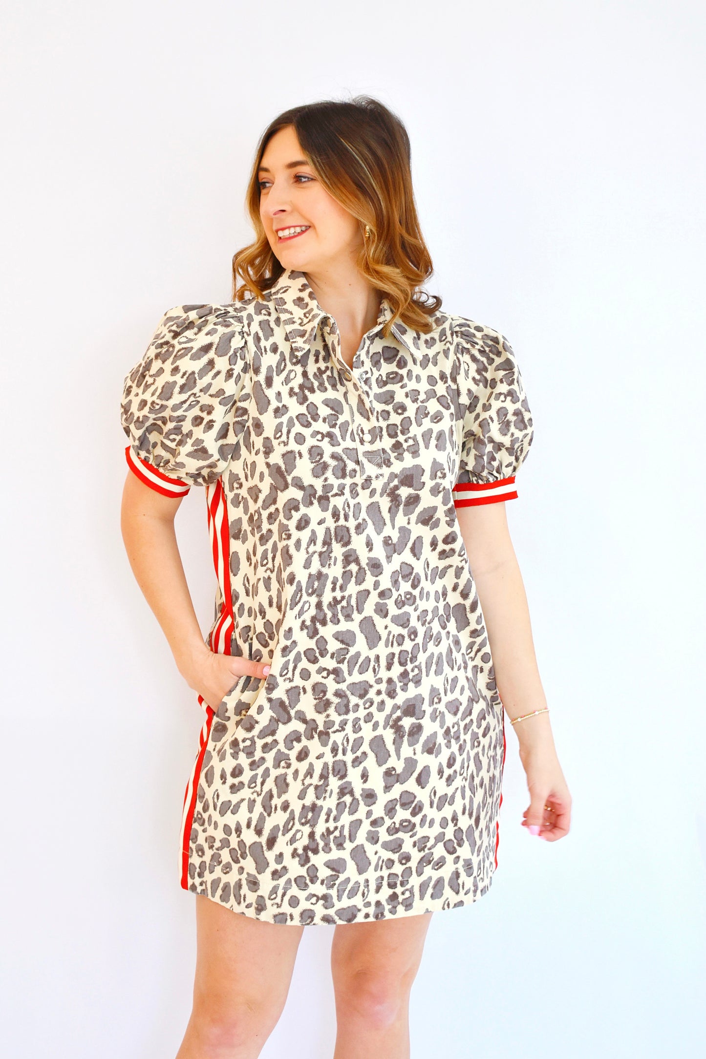 Animal Spot Denim Feel Red Stripe Trim Collared Dress