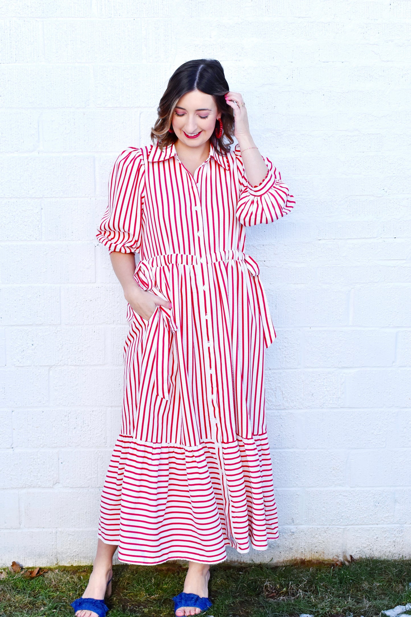 Red Striped Scallop Detail Midi Dress