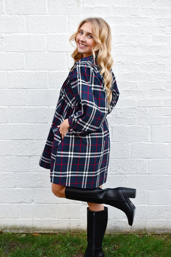 Navy Plaid Babydoll Dress