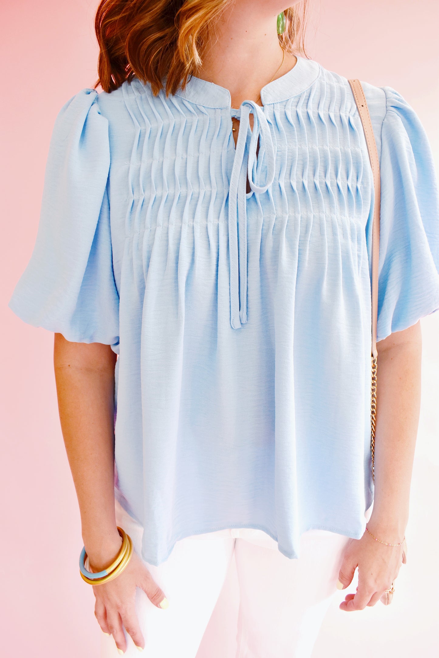 Light Blue Pintuck Detail Tie Neck Blouse