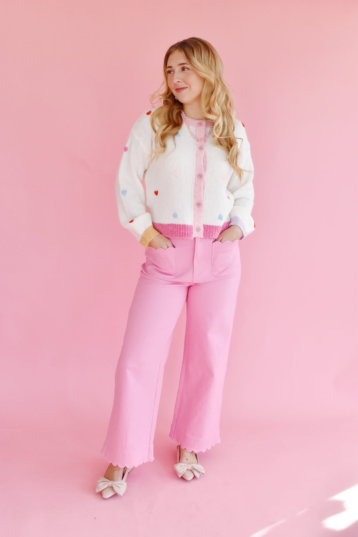 Pink High Rise Scallop  Wide Leg Pants