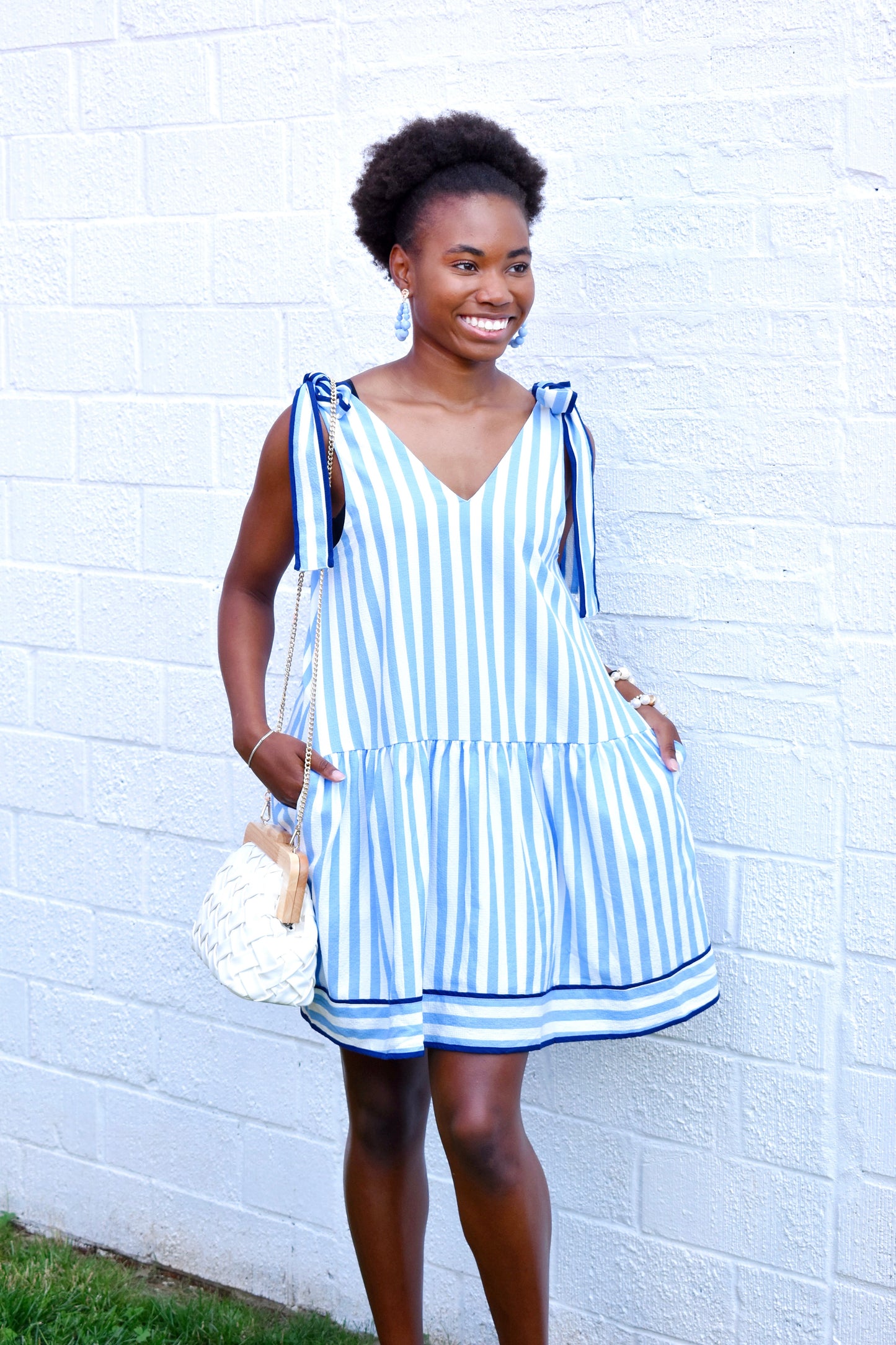 blue and white tie shoulder dress Blue Floral Detail Tie Shoulder Tiered Midi Dress *FINAL SALE* SSYS