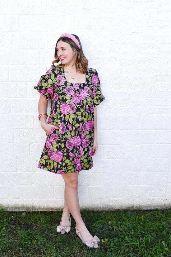 Black Jacquard Floral Button Puff Sleeve Dress