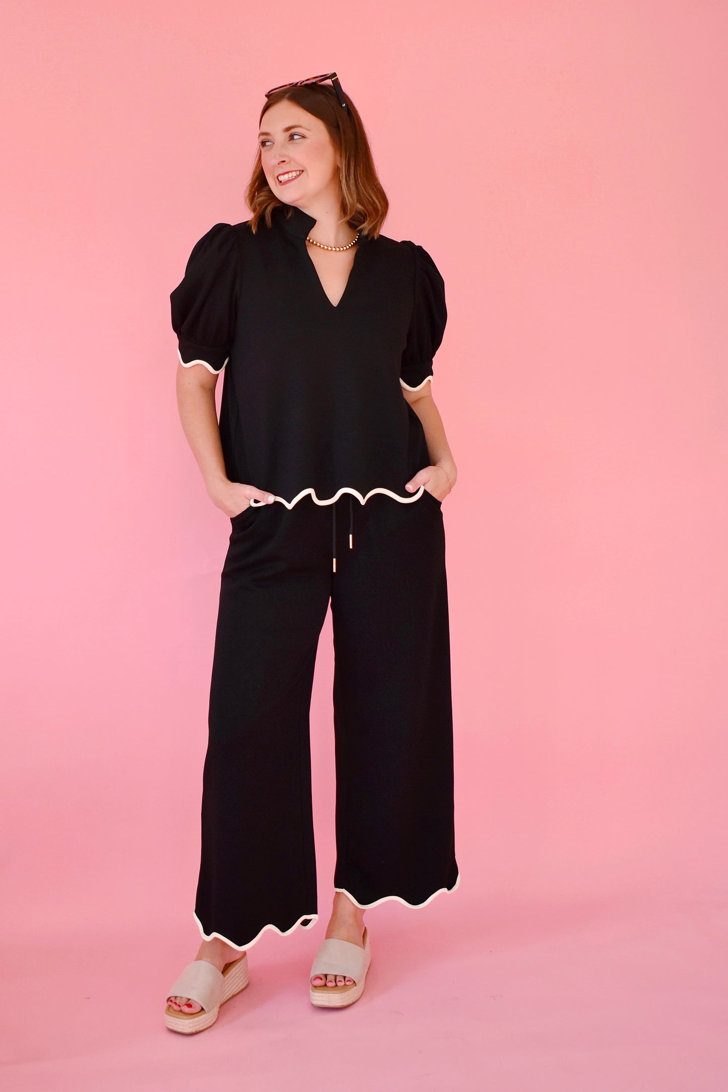Black Scallop Edge Drawstring Pants