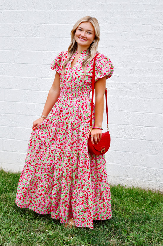 Pink & Green Floral Puff Sleeve Midi Dress Confetti Boutique Pink & Green Floral Puff Sleeve Midi Dress Confetti Boutique